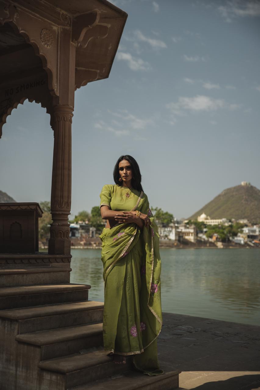 leela olive green organza handpainted and handembellished saree