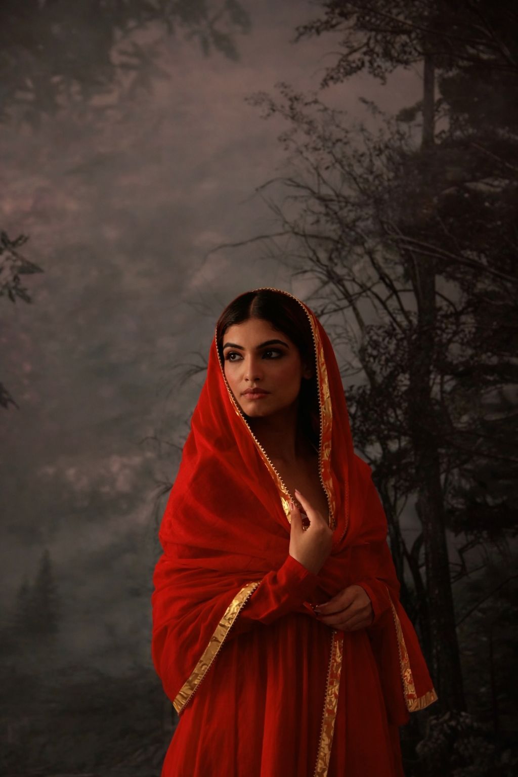 Yogini Red Malmal Full Sleeves Anarkali Set of 3