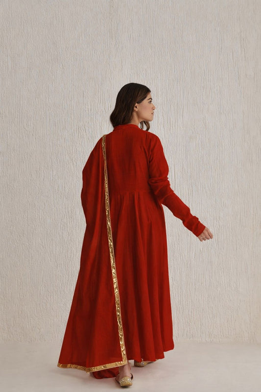 Yogini Red Malmal Full Sleeves Anarkali Set of 3