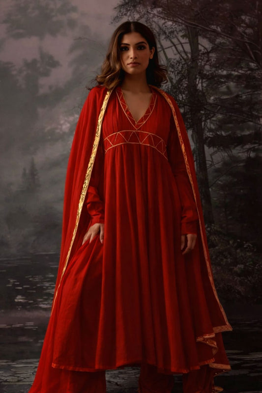 Yogini Red Malmal Full Sleeves Anarkali Set of 3