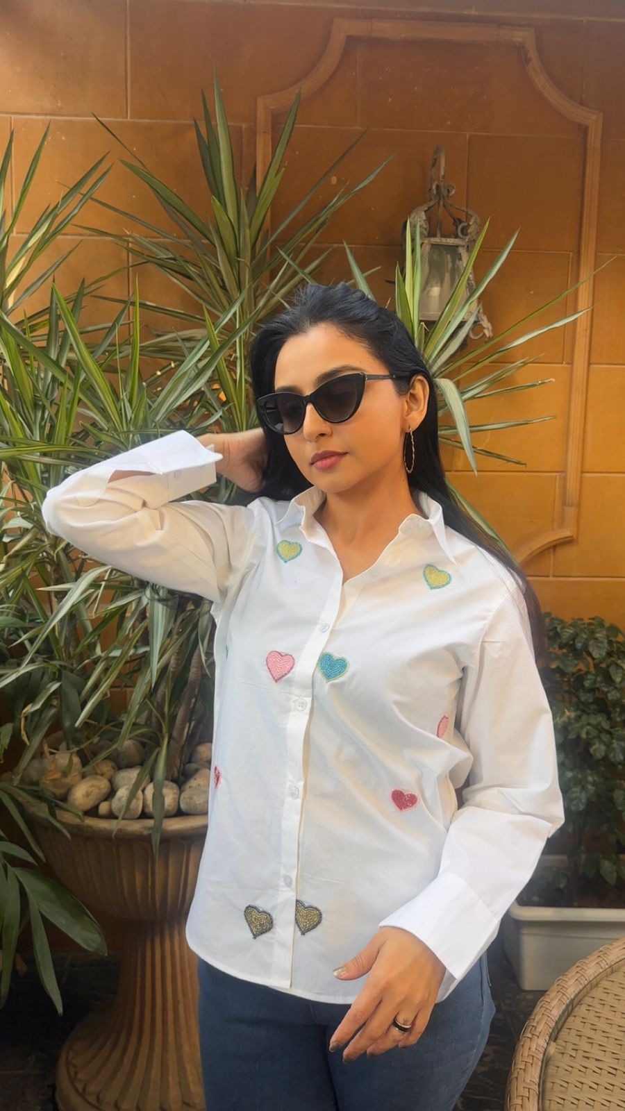 MULTICOLOR HEART HANDEMBROIDERED COTTON SHIRT