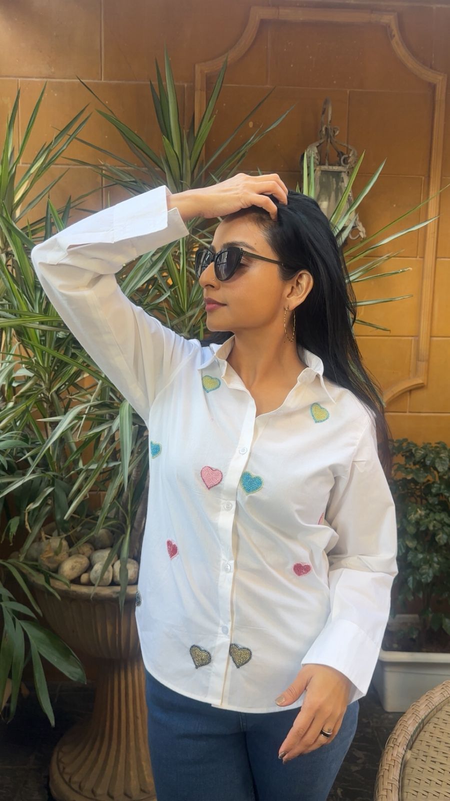 MULTICOLOR HEART HANDEMBROIDERED COTTON SHIRT