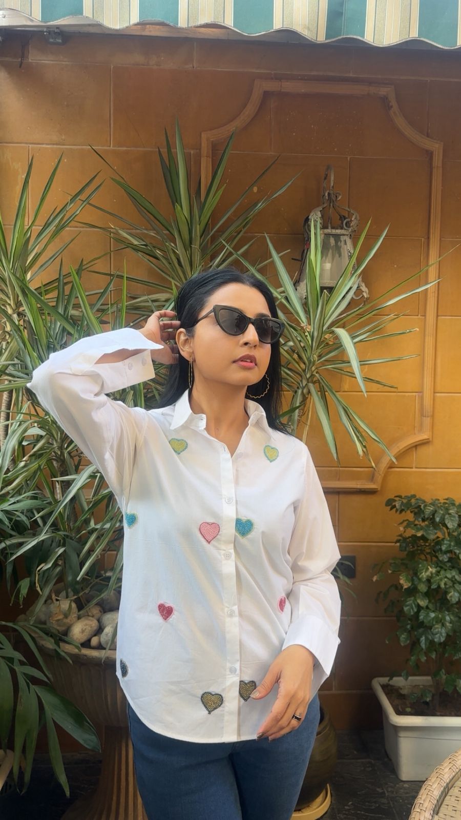 MULTICOLOR HEART HANDEMBROIDERED COTTON SHIRT