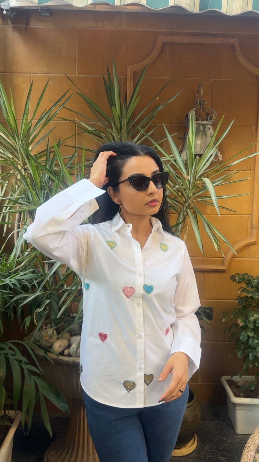 MULTICOLOR HEART HANDEMBROIDERED COTTON SHIRT