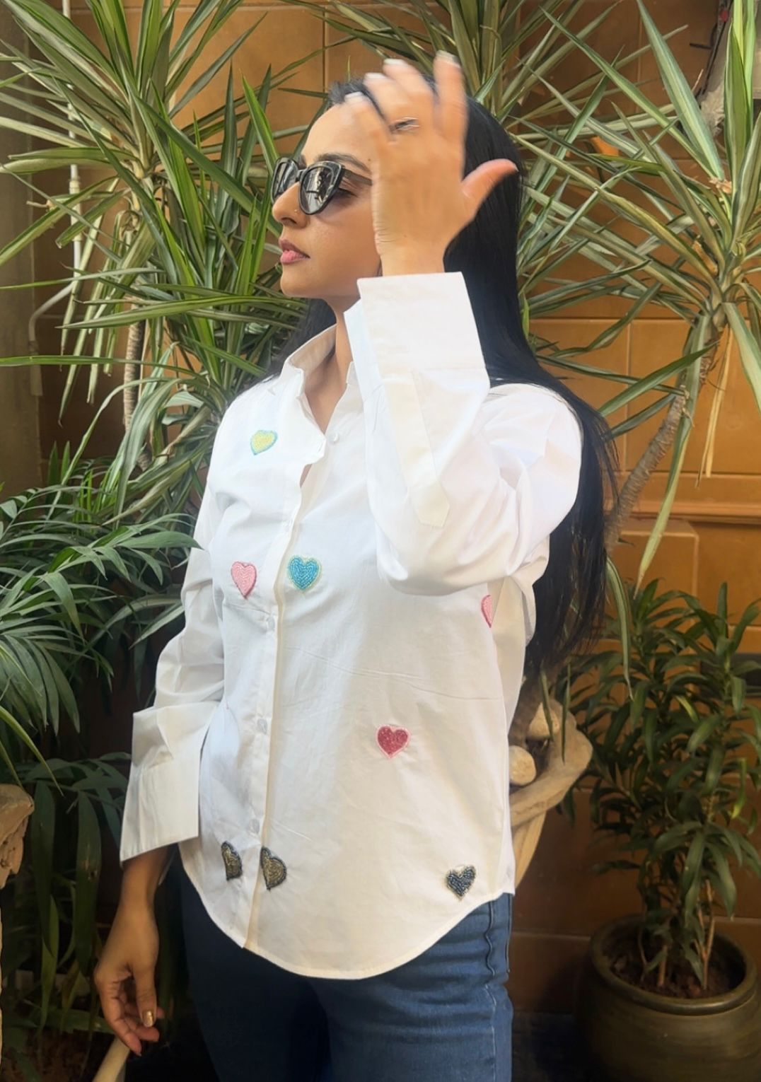 MULTICOLOR HEART HANDEMBROIDERED COTTON SHIRT