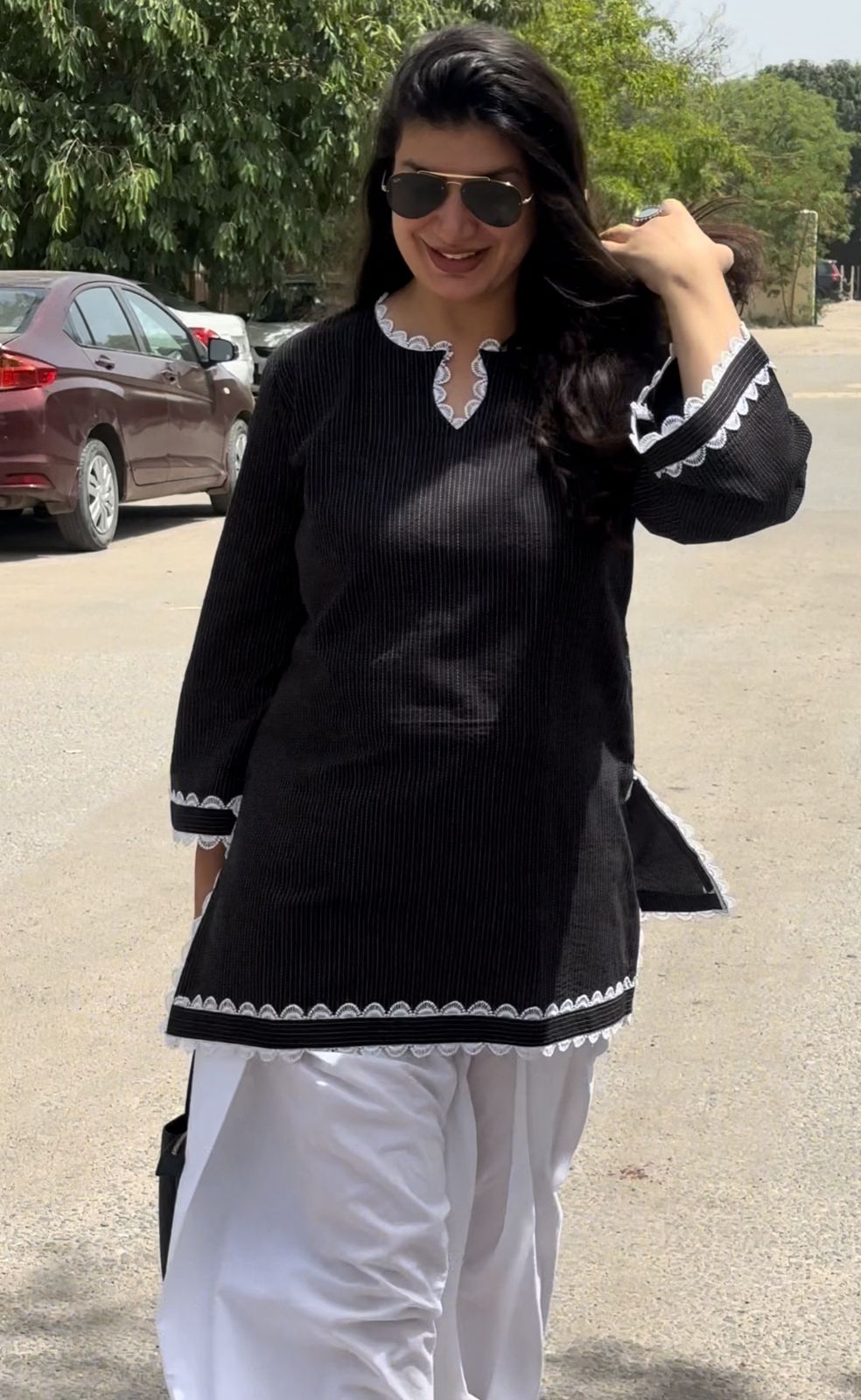 Black and White Kantha Work Kurta And Salwar Set Of 2