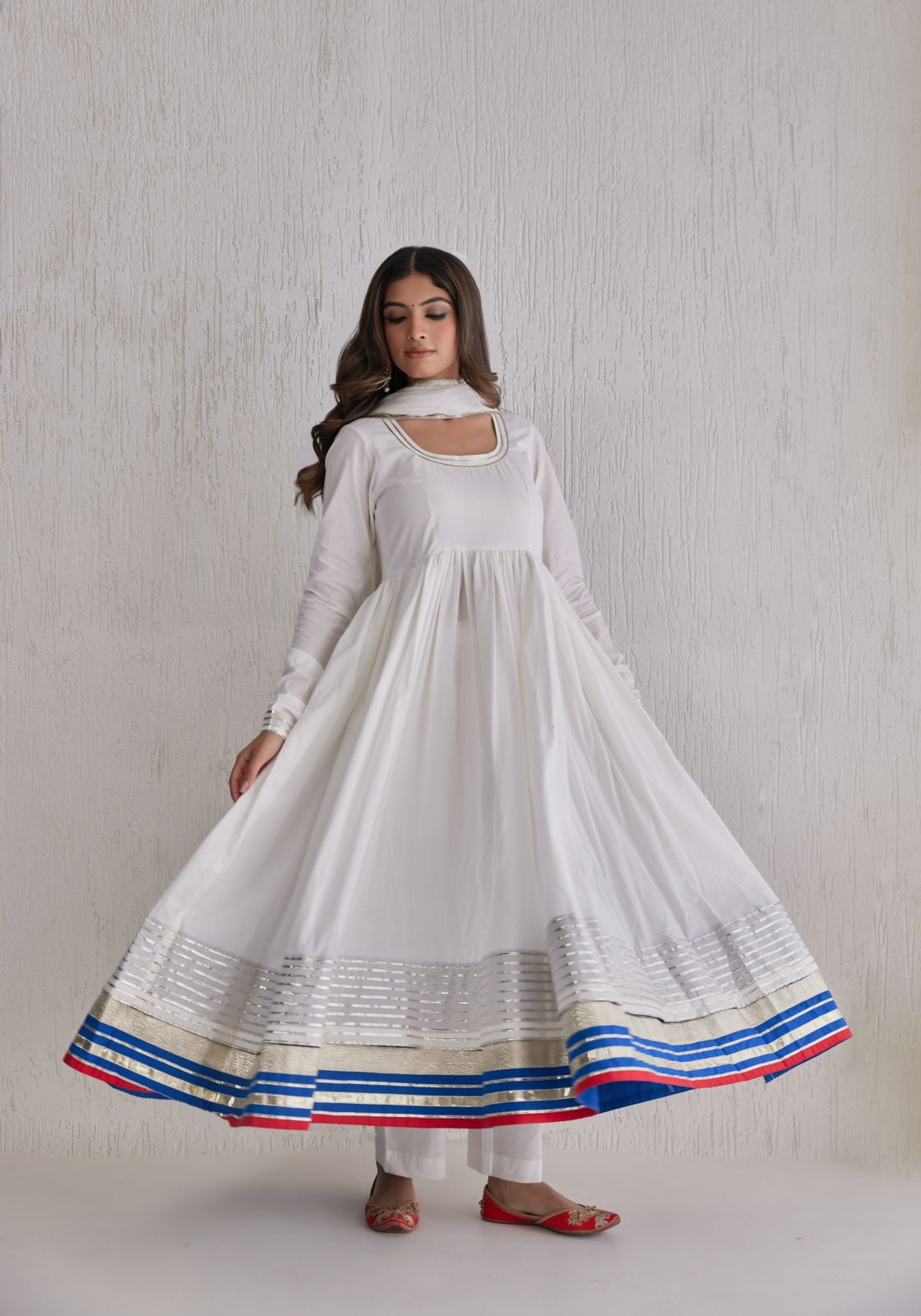 Madhura white and blue red anarkali kurta with pant