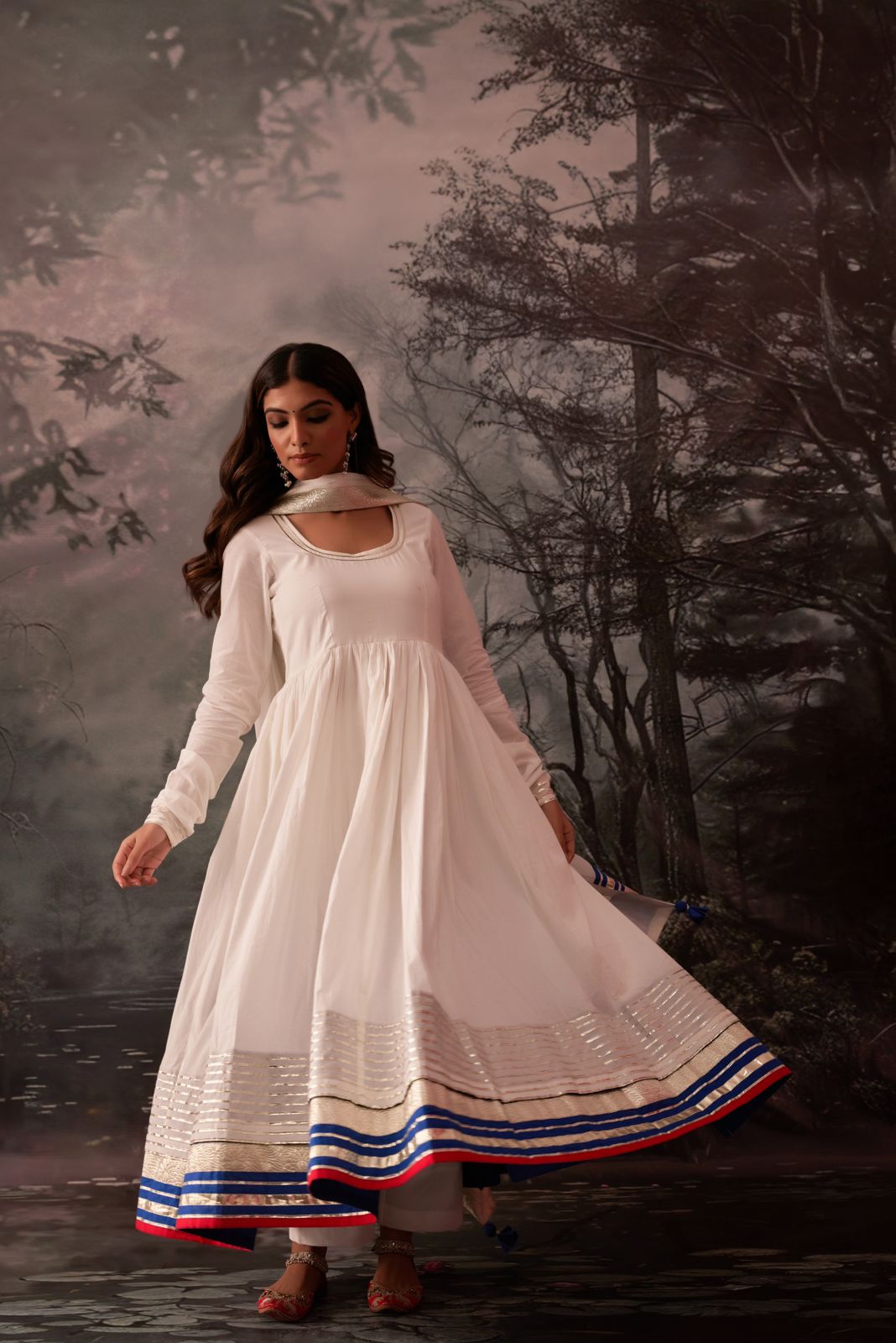 Madhura white and blue red anarkali kurta with pant