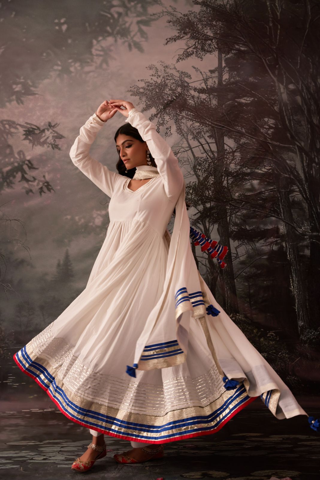 Madhura white and blue red anarkali kurta with pant