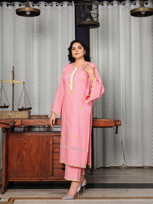 Light Pink Cotton Hand embroidery Kurta Set
