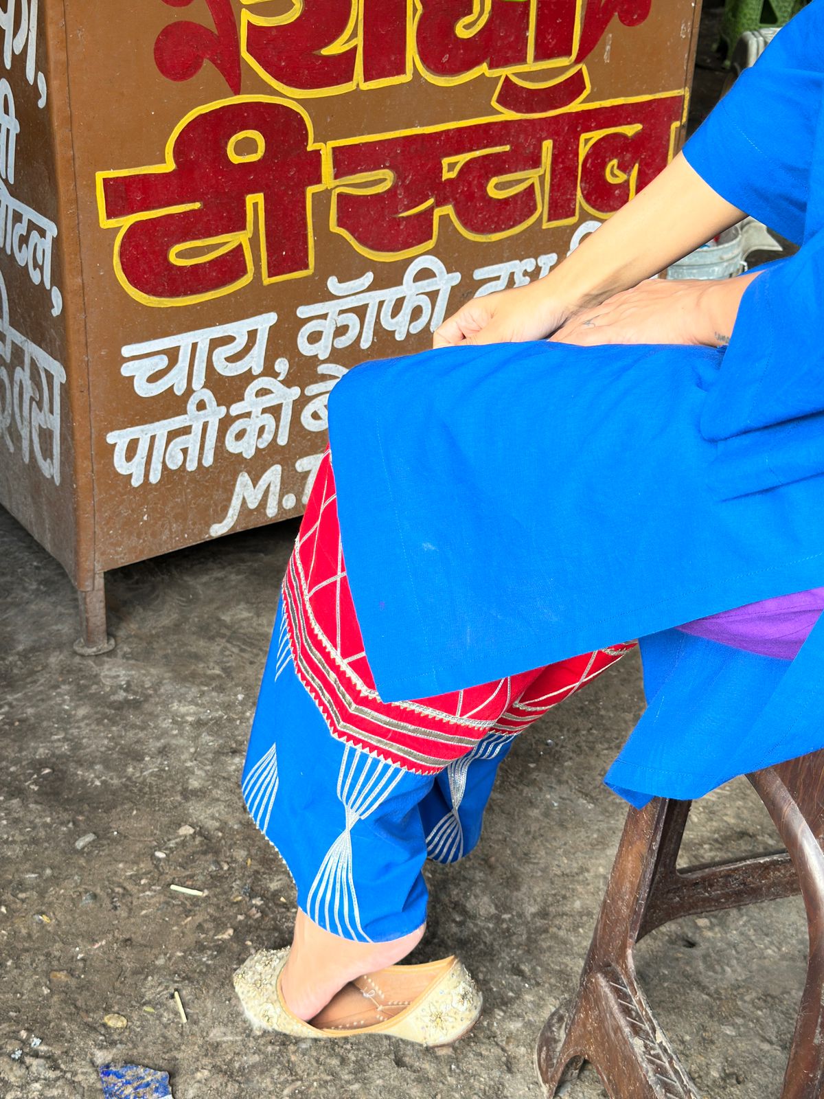 blue kurta with gotta work multicolored pants