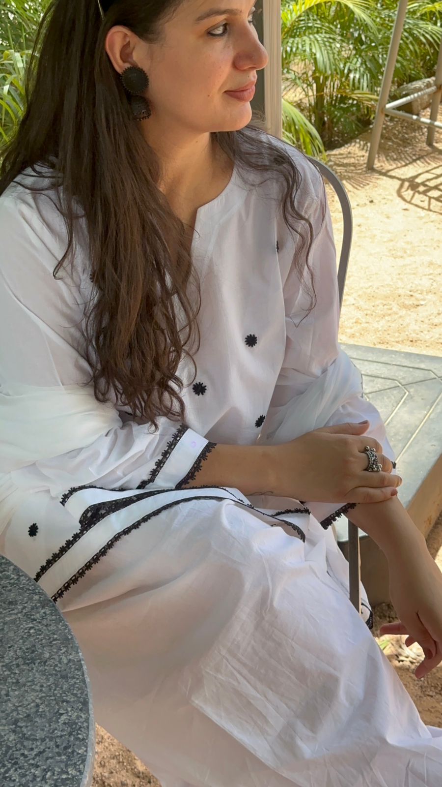 Hand Embroidered Cotton White Farsi Salwar Kurta Set Of 3
